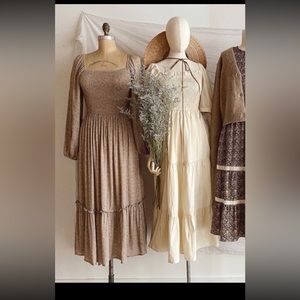 Adored Vintage Smocked Puff Long Sleeve Midi Dress